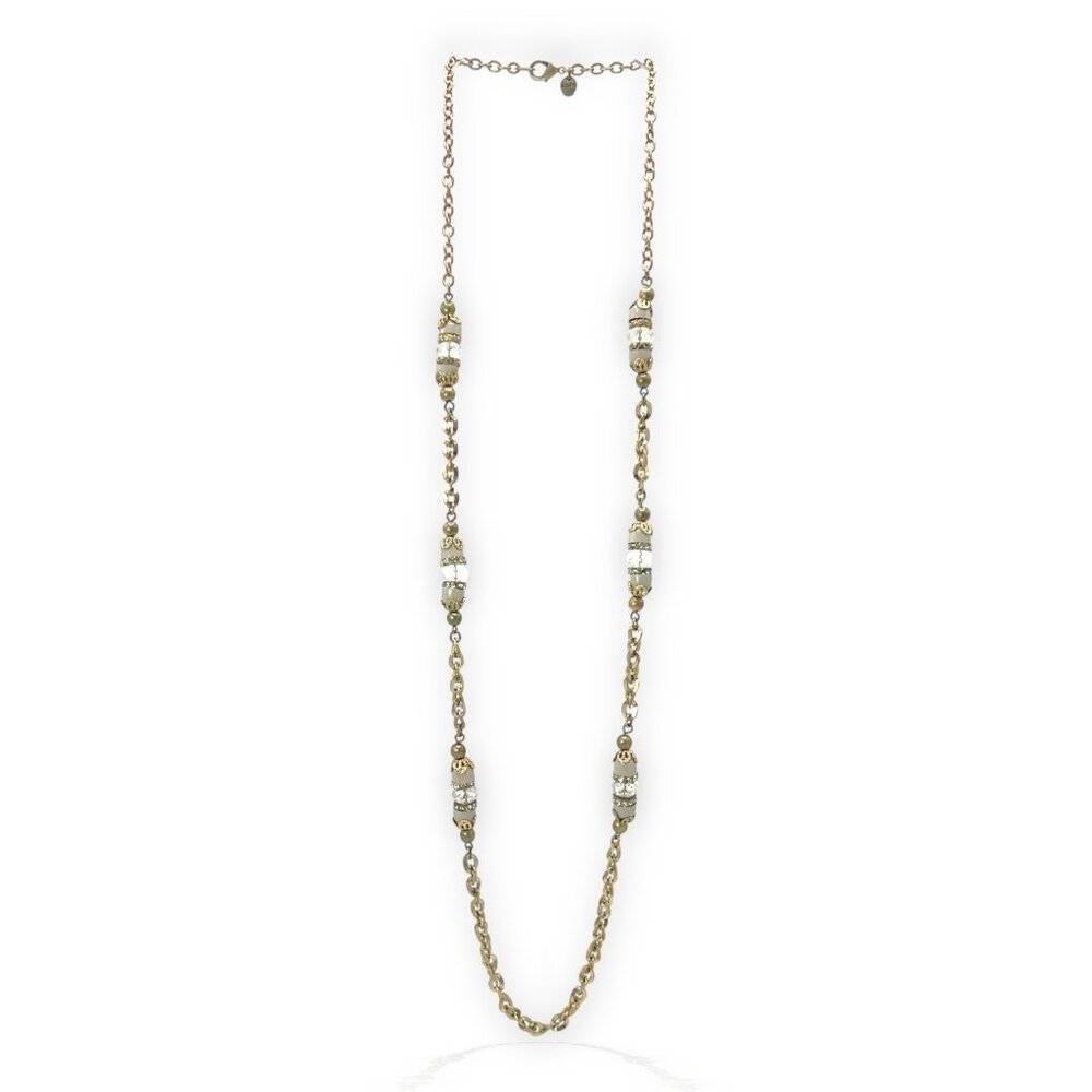 LOFT Long Vintage Station Bead Barrel Necklace Gold Tone Filigree Enamel Chain